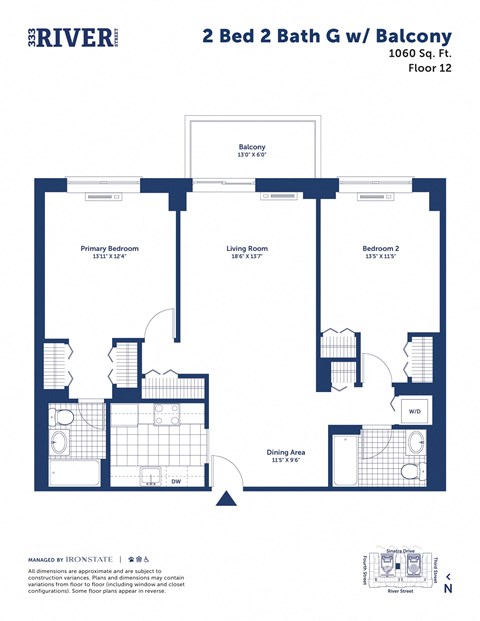 Floor plan for 2 beds, 2 baths, 1060 sqft
